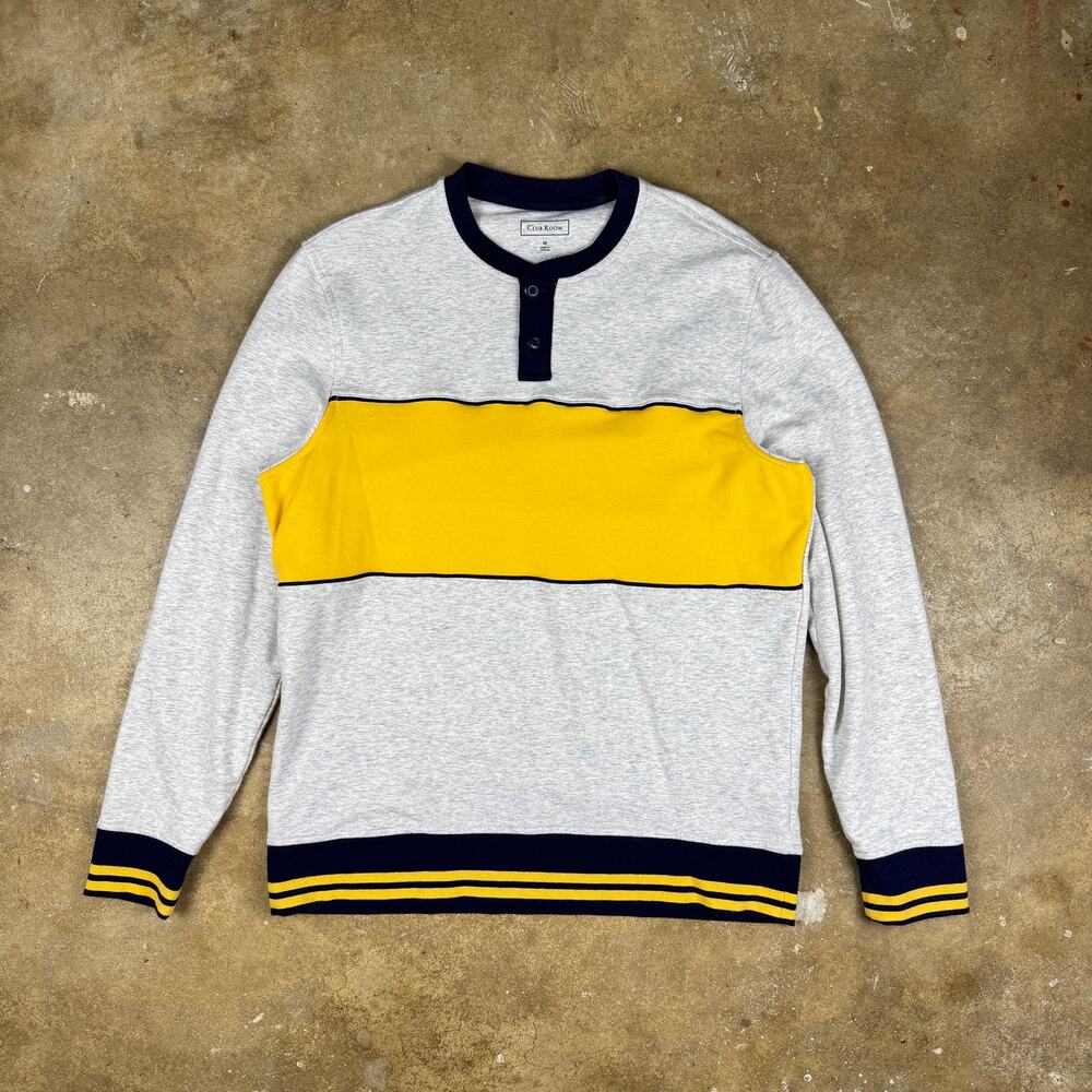 Club Room Henley Sweatshirt Men’s Medium Gray Navy Yellow Striped Trim‎ Retro